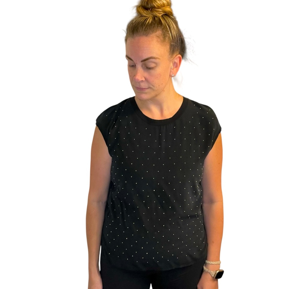 Sandro Paris Black Silver Embellished Dot Cap Sleeve Silk and Cotton Blend Top